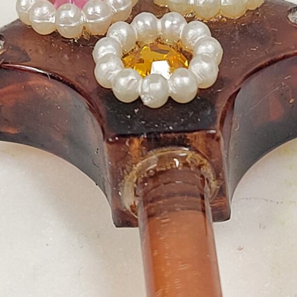 Vintage Bakelite Hair Stick 6" Brown Rhinestones Pearls - Picture 7 of 12
